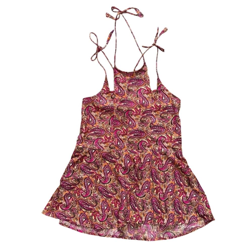 Selvia Pink & Orange Paisley Halter Mini Dress - Size Medium - Boho Festival
